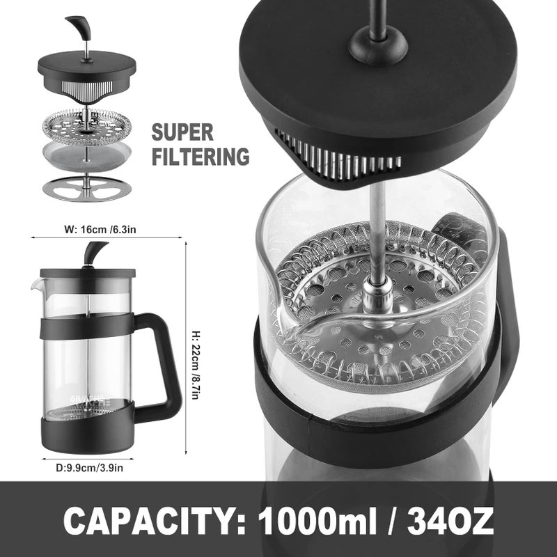 Sivaphe French Press 34oz Light-weight Durable High Borosilicate Carafe Maker 8 Cup Plastic Coffee Press Frothed - Image 3